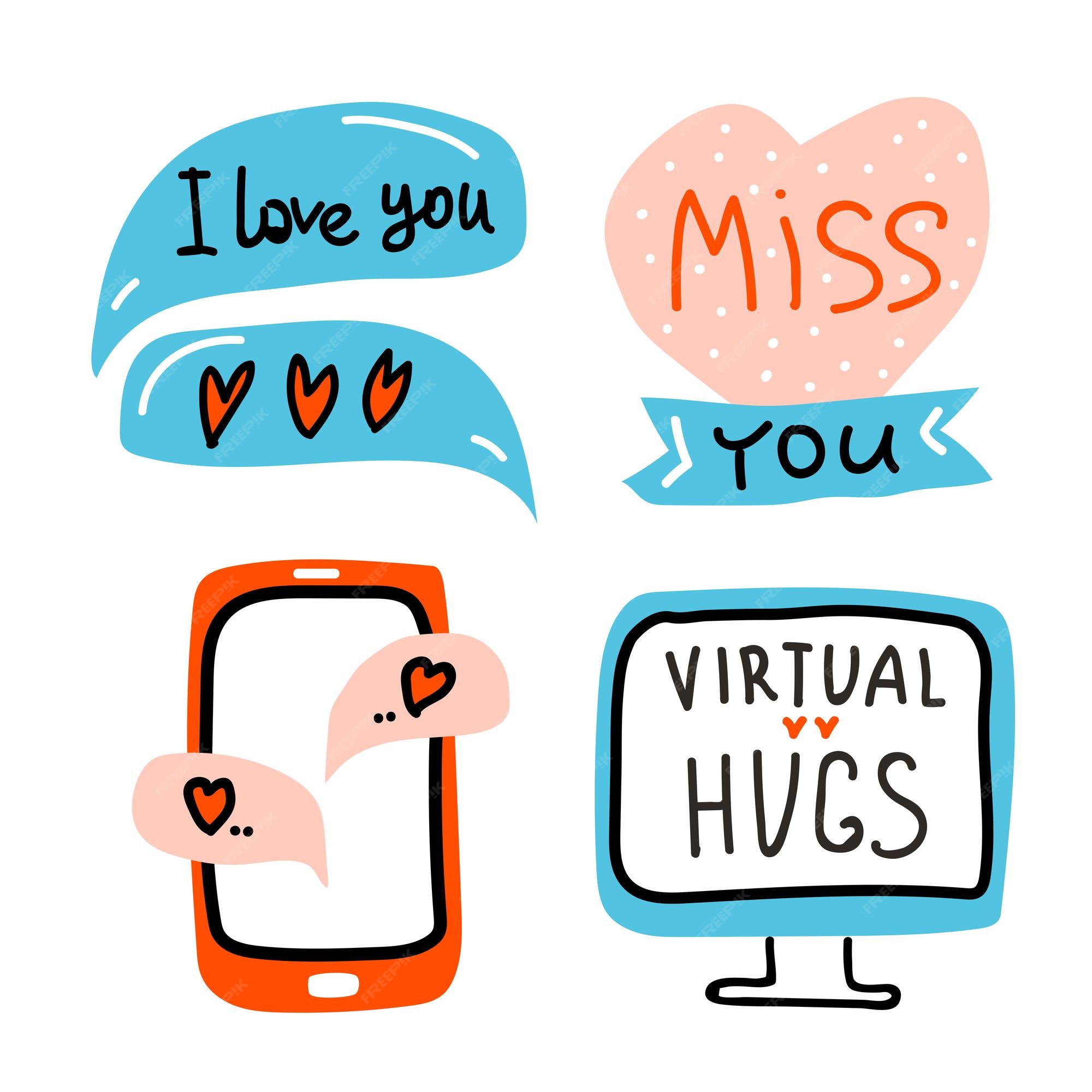 Saint Valentin Set Icone Doodle Amour Virtuel Moniteur Internet Amour Conversation Chat Decoration Coeur Bulles Miss You Et Lettrage Virtual Hugs Dessines A La Main Dessin Au Trait Vecteur Plat Et Lettrage