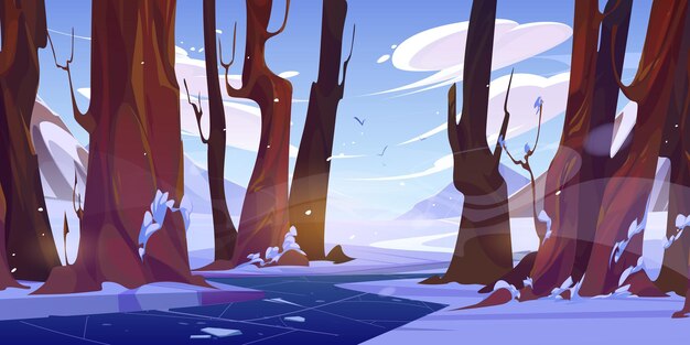 Saison d'hiver nature rivière de montagne qui coule dans la forêt illustration vectorielle de dessin animé de paysage enneigé blanc avec des arbres ruisseaux gelés ou nuages de ruisseau dans le ciel bleu et oiseaux volants temps venteux
