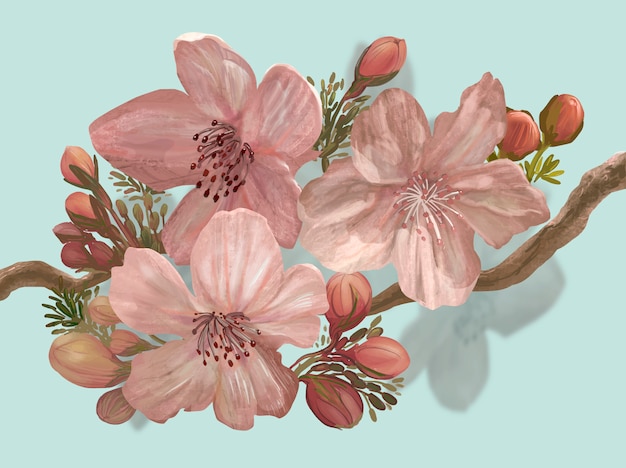 Sakura Fleuri Dessiné à La Main Sur Une Branche Vecteur Premium