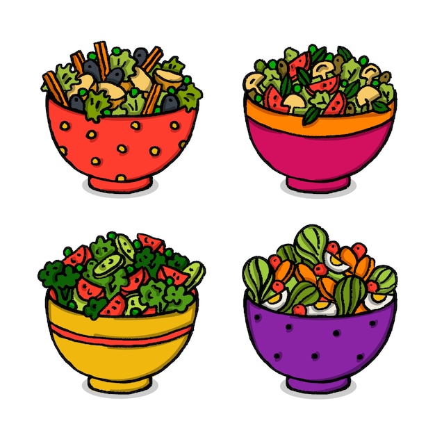 Vecteur gratuit salade de fruits frais dans de jolis bols