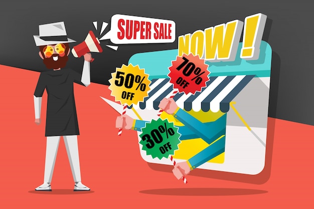 Sale And Shopping Concept, Les Messieurs Utilisent Le Mégaphone Pour Appeler Les Clients à Acheter Dans Le Magasin, Design De Style Plat De Bande Dessinée