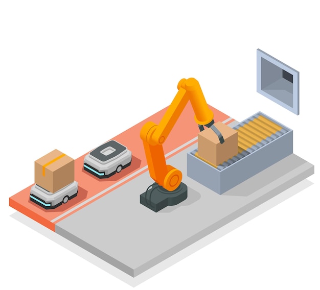 Vecteur gratuit salle automatisée de composition isométrique colorée d'entrepôt moderne dans l'entrepôt avec bras robotisé et illustration vectorielle de camionnage