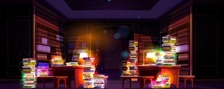 Vecteur gratuit la salle de la bibliothèque de l'école de magie avec le livre de magiciens fantastiques