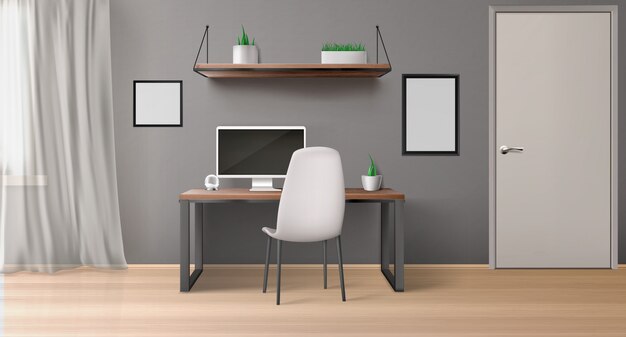 Salle de bureau vide avec moniteur sur bureau, chaise, étagère avec plantes et cadres noirs.