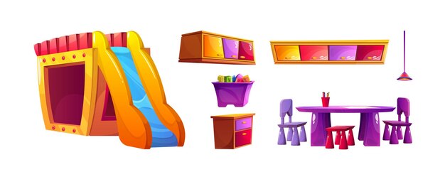 Vecteur gratuit salle de classe pour enfants à la maternelle ensemble de dessins animés intérieur salle de jeux préscolaire table chaise diapositive et étagère collection d'icônes garderie récréation intérieure et éducation papeterie dessin design illustration