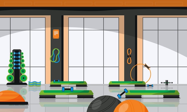 Vecteur gratuit salle de composition colorée de fitness de gym pour les cours de sport en groupe dans l'illustration du club de fitness