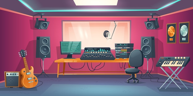 Vecteur gratuit salle de contrôle du studio de musique et cabine de chanteur