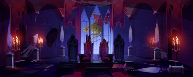 Salle du trône du château abandonné avec dragon voler à l'extérieur de la fenêtre.