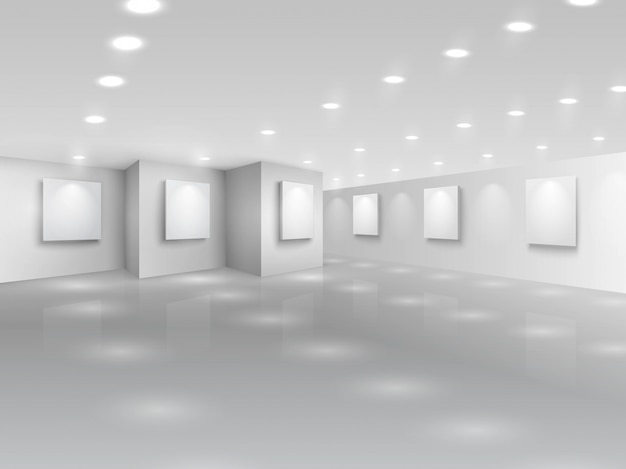 Salle de la galerie réaliste avec des toiles blanches vierges