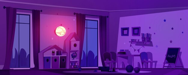 Salle de jeux de jardin d'enfants de nuit avec meubles Illustration de dessin animé vectoriel d'une salle de classe de jardin d'enfants sombre avec lumière de nuit sur le mur petites tables et chaises en bois pour enfants jouets sur étagère globe au tableau noir