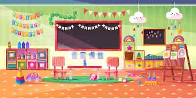 Vecteur gratuit salle de jeux de la maternelle montessori avec jouets