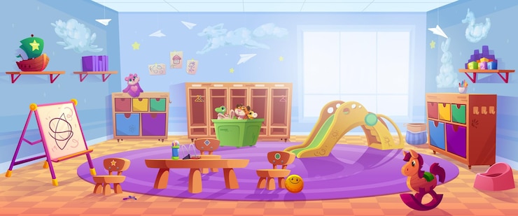 Vecteur gratuit salle de jeux maternelle avec toboggan pour casiers