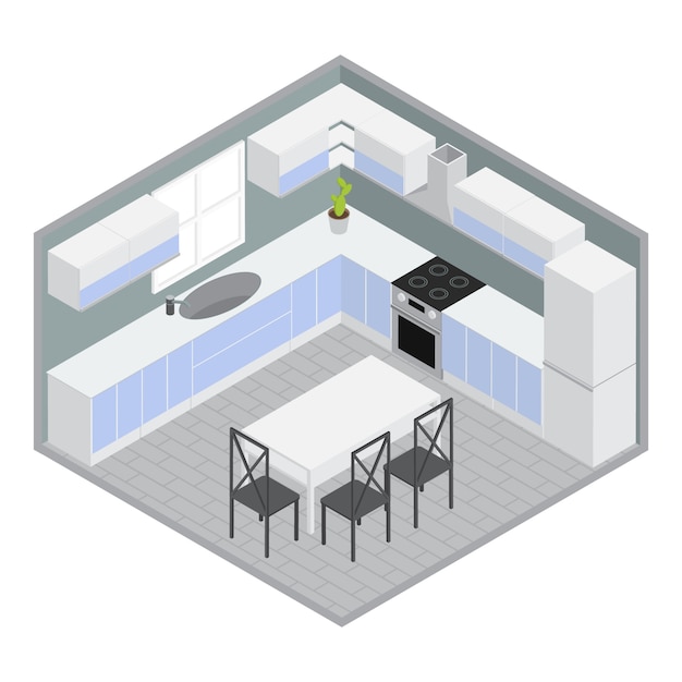 Vecteur gratuit salle à manger maison isométrique avec armoires bleues blanches et armoires table chaises murs gris plante illustration vectorielle