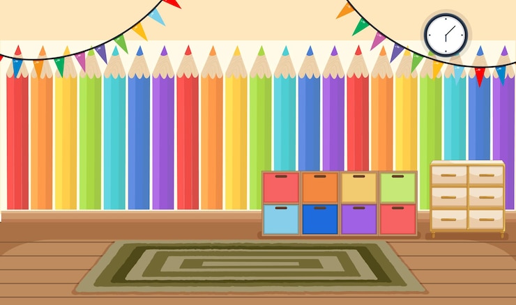 Vecteur gratuit salle de maternelle vide avec objets de classe et décoration intérieure