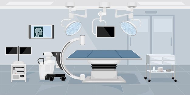 Salle d'opération médicale de haute technologie équipée d'appareils d'imagerie avancés illustration vectorielle de fond plat