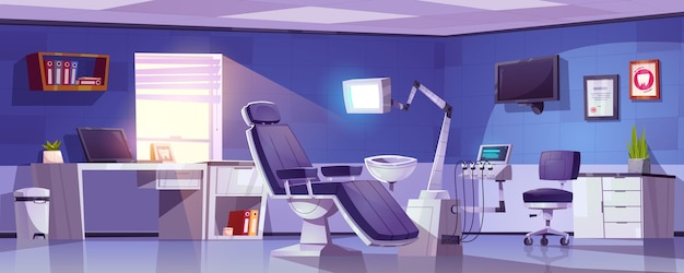 Vecteur gratuit salle de stomatologie de dessin animé avec équipement et mobilier illustration vectorielle de chaise de bureau de dentiste outils médicaux instruments de traitement des maux de dents dossiers d'ordinateur de bureau sur étagère