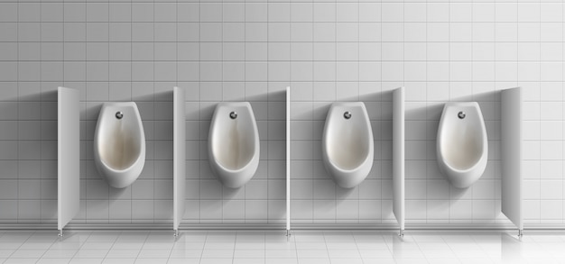 Salle de toilette publique mens réaliste. Rangée d&#39;urinoirs en céramique rouillée et sale avec boutons en métal sur un mur carrelé blanc