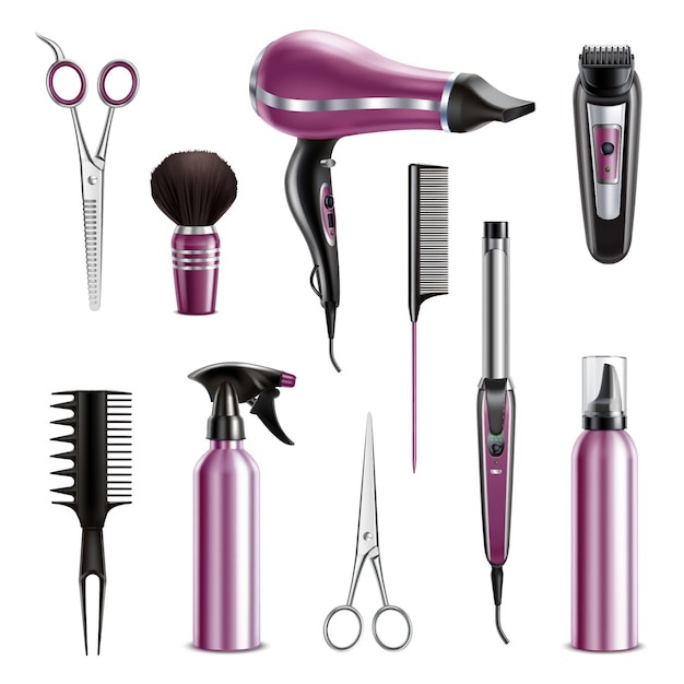 Salon de coiffure outils ensemble réaliste avec sèche-cheveux peignes ciseaux tondeuse pulvérisateur pompe distributeur électrique bigoudi isolé