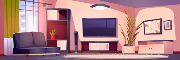 Salon intérieur de la maison avec télévision et meubles Fond de salon d'appartement vectoriel moderne avec tapis de télévision et canapé Salon et studio lumineux de divertissement avec lampe et cadre sur le mur