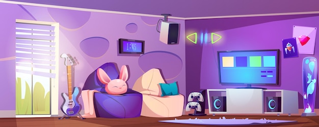 Vecteur gratuit salon pour jeu sur fond vectoriel de dessin animé tv intérieur de salon de joueur avec joystick de console de fauteuil d'écran pour jouer à la configuration jouer à l'esport dans le salon de l'appartement avec un design de mur violet