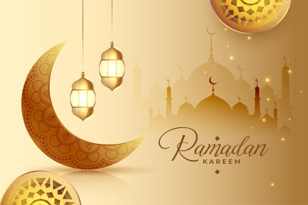 Salutation religieuse du ramadan kareem avec lanterne lunaire et décoration de mosquée