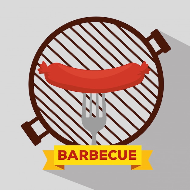 Vecteur gratuit saucisse grill avec barbecue et fourchette