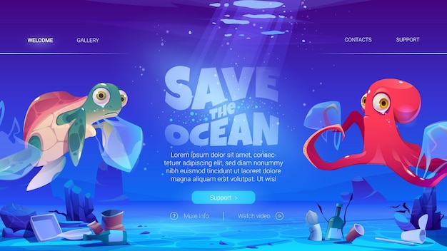 Vecteur gratuit sauver le site web de l'océan avec des tortues et des poulpes dans des sacs en plastique et des ordures en mer