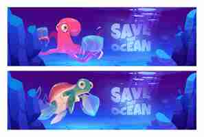 Vecteur gratuit sauvez les bannières de dessin animé de l'océan avec des animaux sous-marins et des ordures