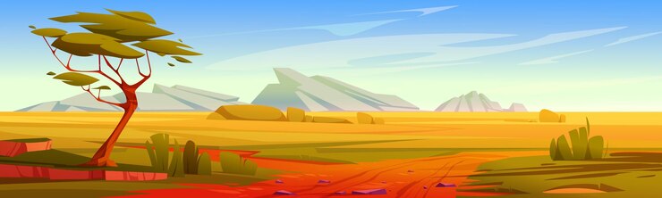 Vecteur gratuit savane avec acacia, herbe verte, buissons, route et montagnes à l'horizon. concept de voyage, voyage safari. illustration de dessin animé de vecteur du paysage de la savane africaine