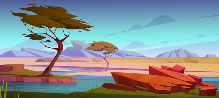 Vecteur gratuit savane avec rivière, acacias et montagnes à l'horizon. illustration de dessin animé de vecteur de savane africaine avec l'herbe verte, le jet d'eau et les pierres. paysage désertique avec oasis