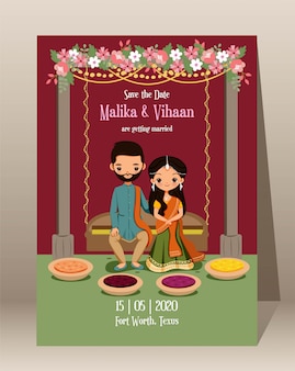 Save the date.mignon mariée indienne avec carte d'invitation de mariage traditionnelle