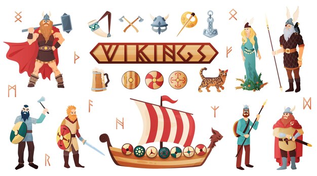 Vecteur gratuit scandinave vikings culture arme armure costume navire de guerre personnes ustensiles chat domestiqué lettrage icônes plates ensemble illustration vectorielle