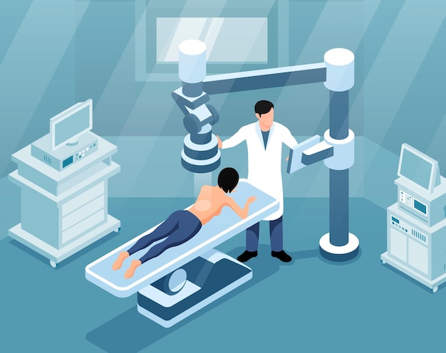 Scanner la composition colorée de diagnostic avec une grande machine brille à travers une illustration vectorielle de dos de personnes