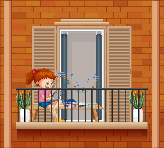 Vecteur gratuit scène de balcon avec un personnage de dessin animé de fille