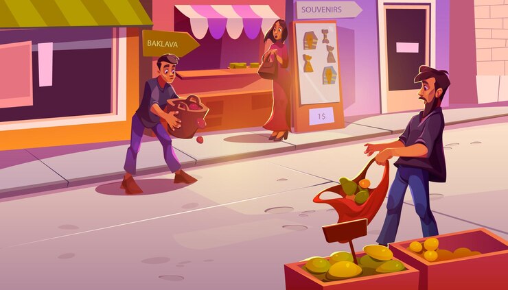 Scène sur le bazar arabe avec un homme laisse tomber des fruits