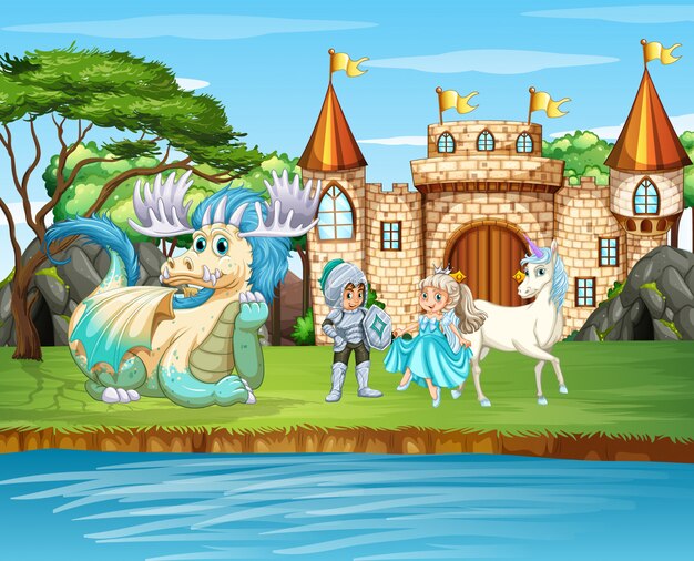Scène avec chevalier et princesse au château