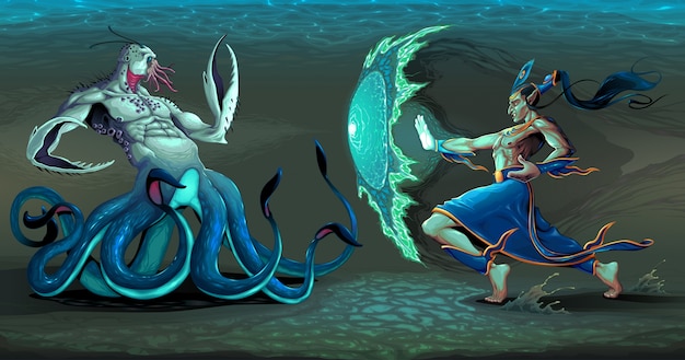 Scène de combat entre monstre elfe et mer