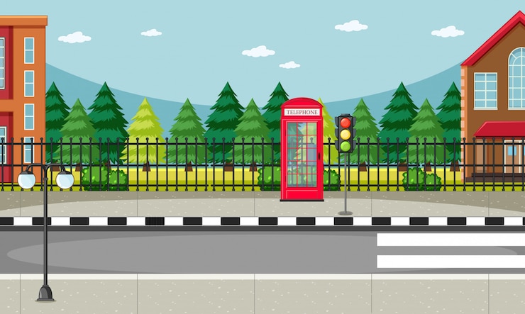 Vecteur gratuit scène côté rue avec scène de cabine téléphonique rouge