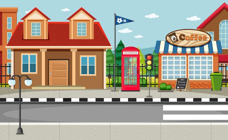 Vecteur gratuit scène côté rue avec scène maison et café