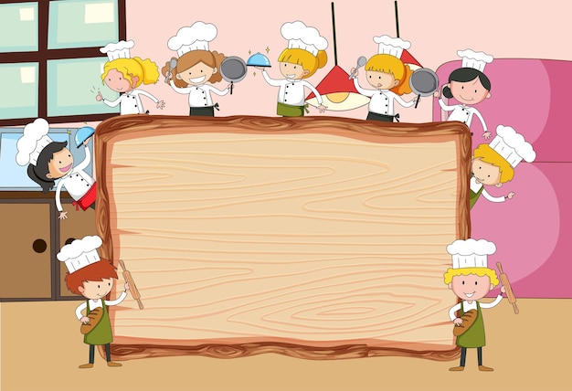 Vecteur gratuit scène de cuisine en bois vide avec de nombreux enfants doodle personnage de dessin animé