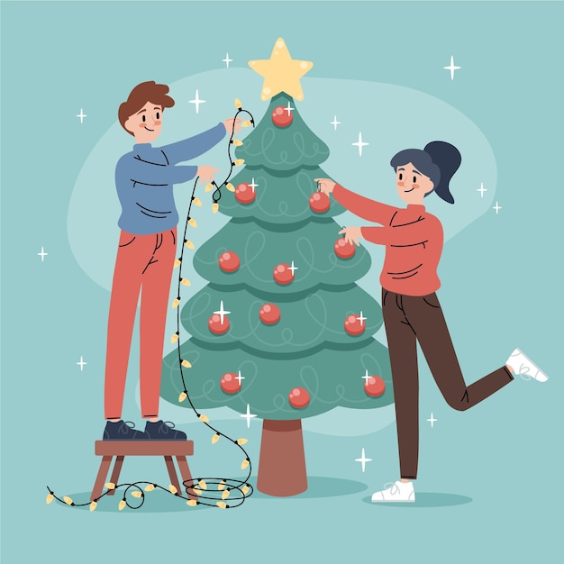 Vecteur gratuit scène de décoration d'arbre de noël