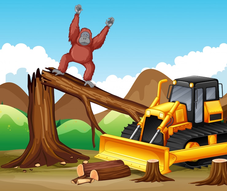 Vecteur gratuit scène de déforestation avec singe et bulldozer