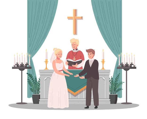 Vecteur gratuit scène de dessin animé d'église chrétienne avec un prêtre menant une illustration vectorielle de cérémonie de mariage