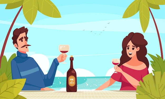 Vecteur gratuit scène de dessin animé de vin avec jeune couple buvant sur l'illustration vectorielle de bord de mer fond