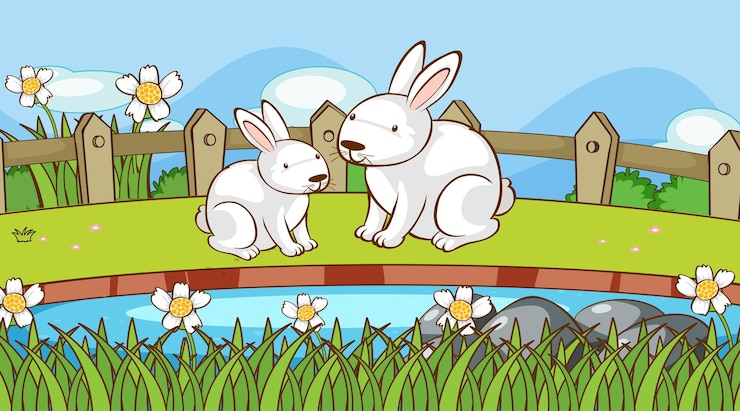 Vecteur gratuit scène avec deux lapins dans le parc
