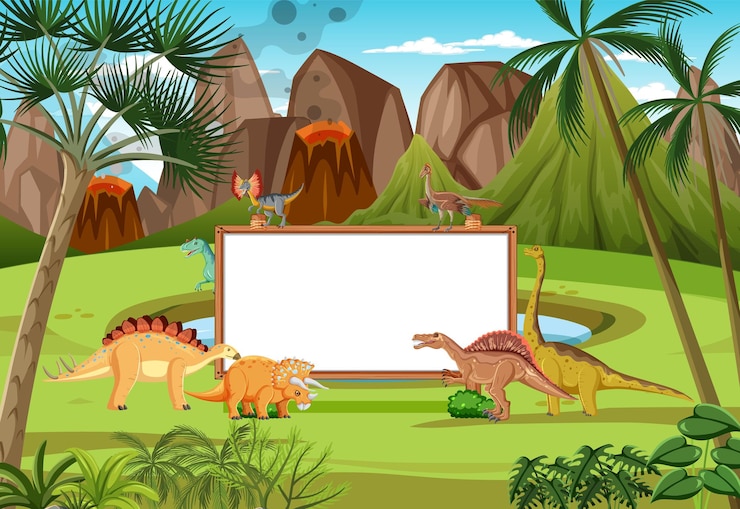 Vecteur gratuit scène avec dinosaures et tableau blanc dans la forêt