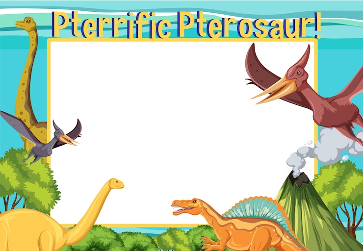 Vecteur gratuit scène avec dinosaures et tableau blanc dans la forêt