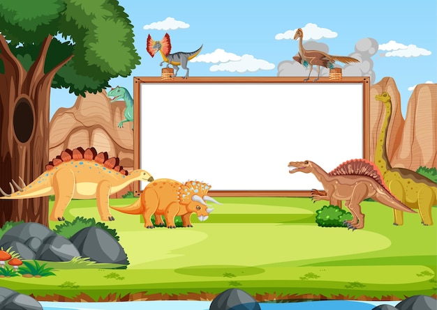 Vecteur gratuit scène avec dinosaures et tableau blanc dans la forêt