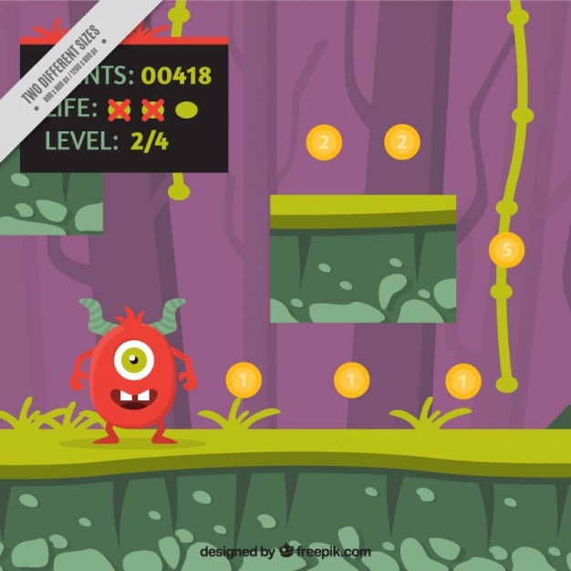 Vecteur gratuit scène du jeu vidéo avec un monstre rouge