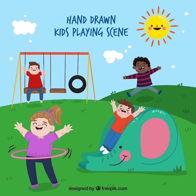Scène des enfants dessinés à la main en jouant dans une aire de jeux